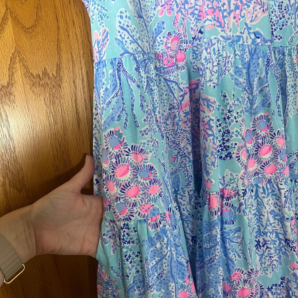 Lilly Pulitzer Women Blue Pink Tiered Cotton Knit Coral Print Dress 010158 M - Picture 6 of 8